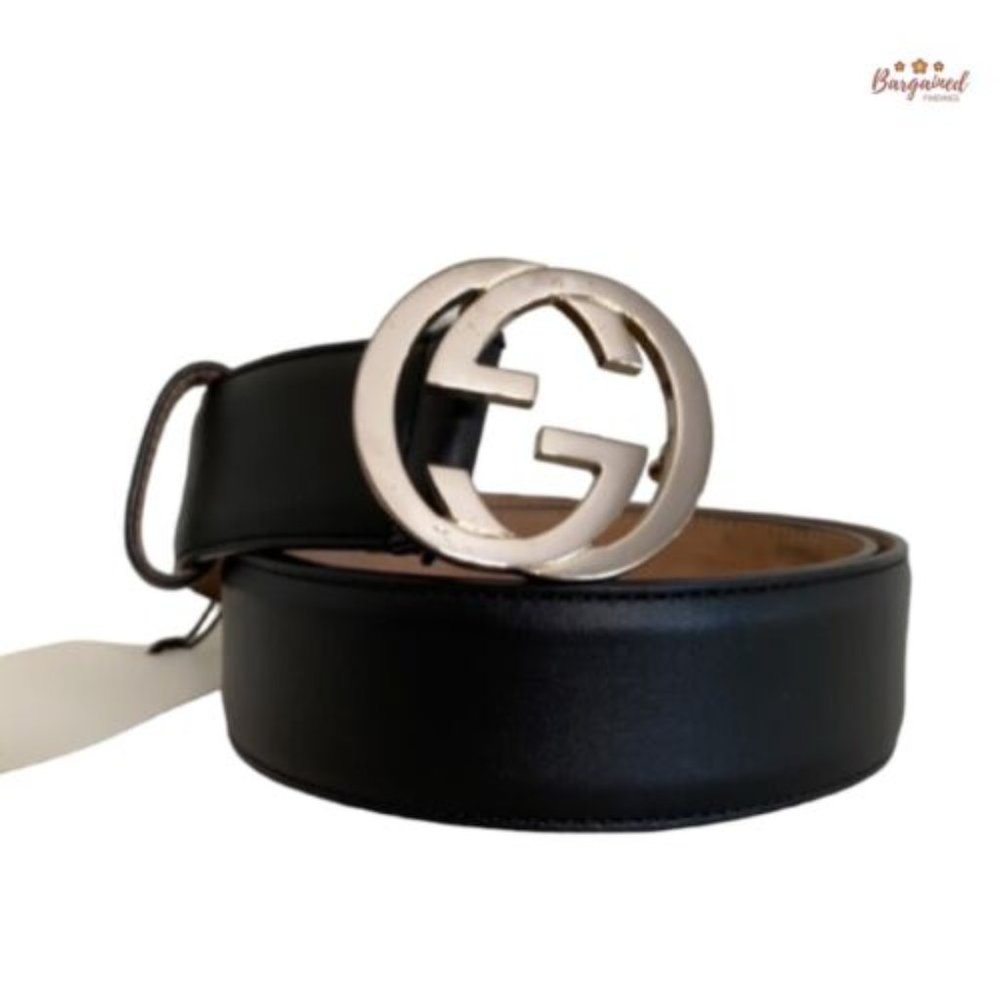 Authentic Gucci Black Calfskin Leather Silver Interlocking G Buckle Belt 75/30 - Picture 1 of 13